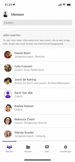 Een screenshot van het coaches overzicht in de Jetje app