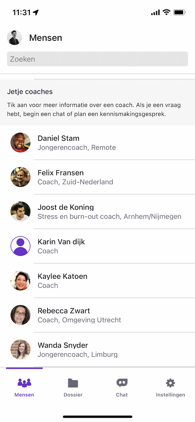 Een screenshot van het coaches overzicht in de Jetje app